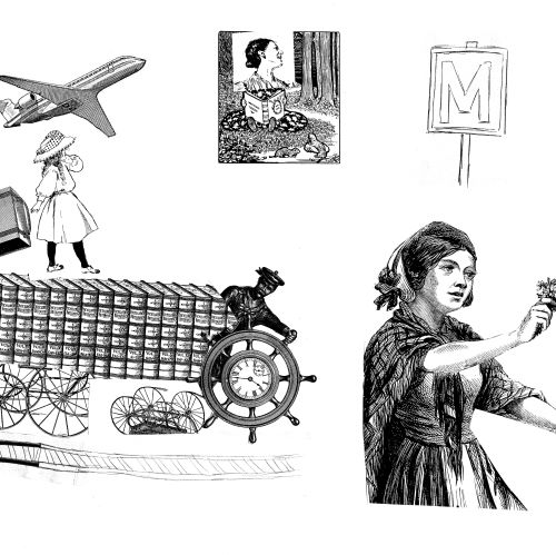 Planche à dessin en noir et blanc avec un avion, une jeune femme en costume traditionnel, un panneau de métro...