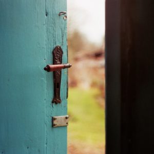 photo d'une porte en bois verte ouverte sur la nature
