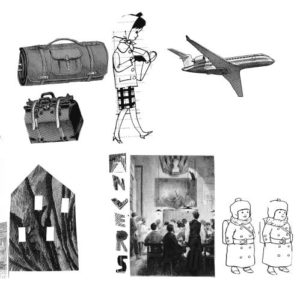 Planche à dessin en noir et blanc avec un avion, des personnages en costumes traditionnels...