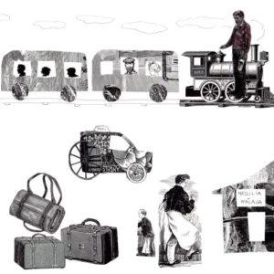 Planche de dessins en noir et blanc avec un ancien train à locomotive, des bagages...